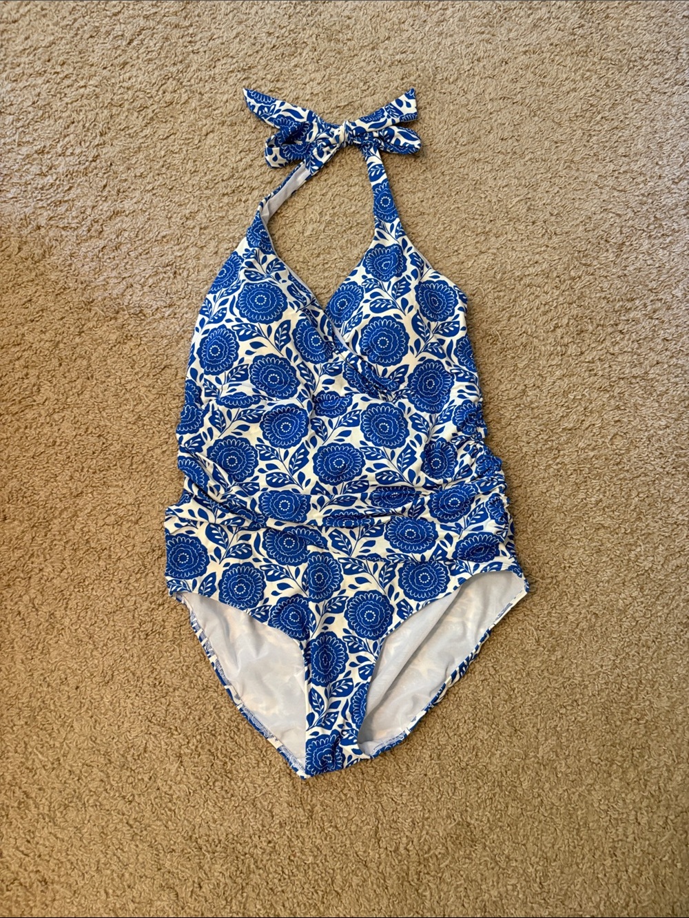 Boden Blue & White Floral Halter One-Piece Swimsuit - Levanzo Halter -long torso